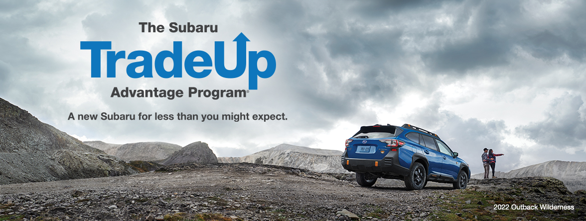 A 2022 Outback Wilderness in blue with the sentence A new Subaru for less than you might expect.