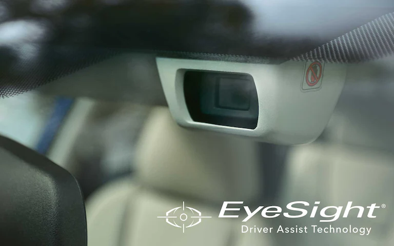 A close up of the EyeSight Driver Assist Technology cameras through the front dash window.
